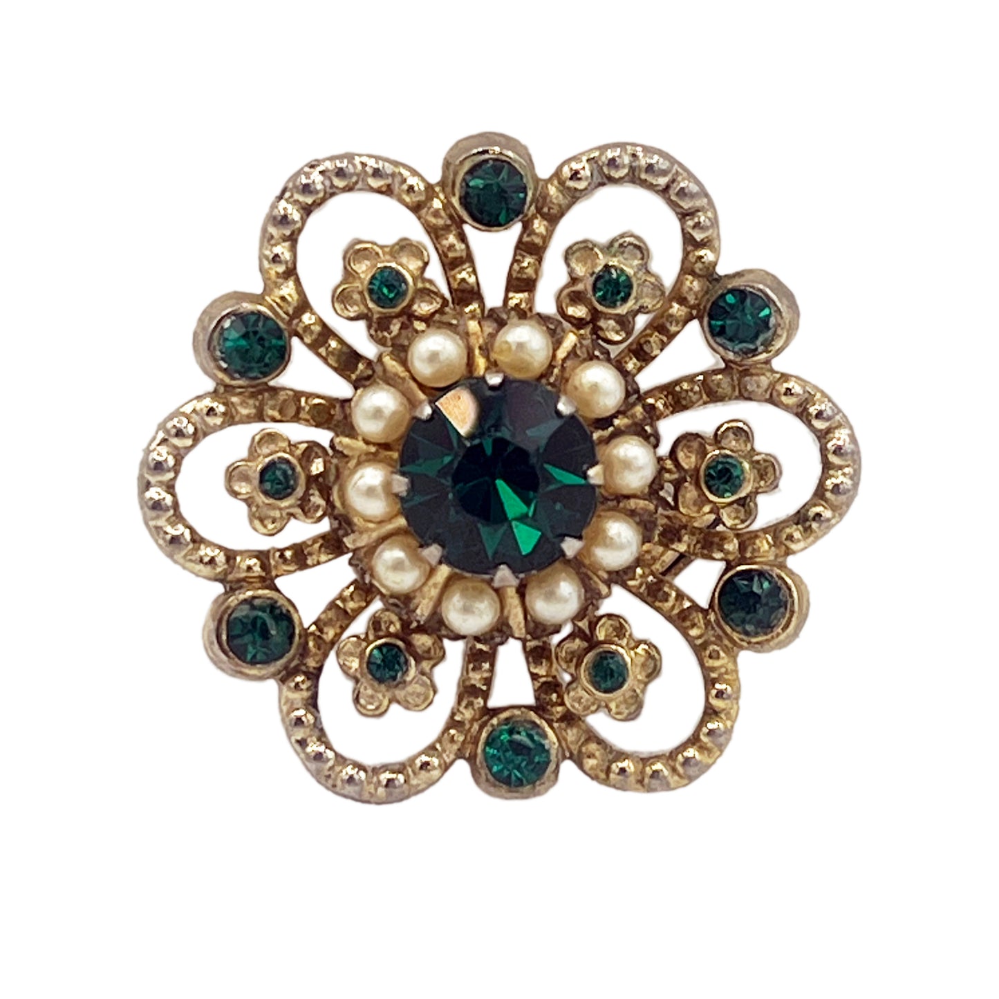 Pre 1955 Coro Green Rhinestone and Simulated Pearl Brooch Pin