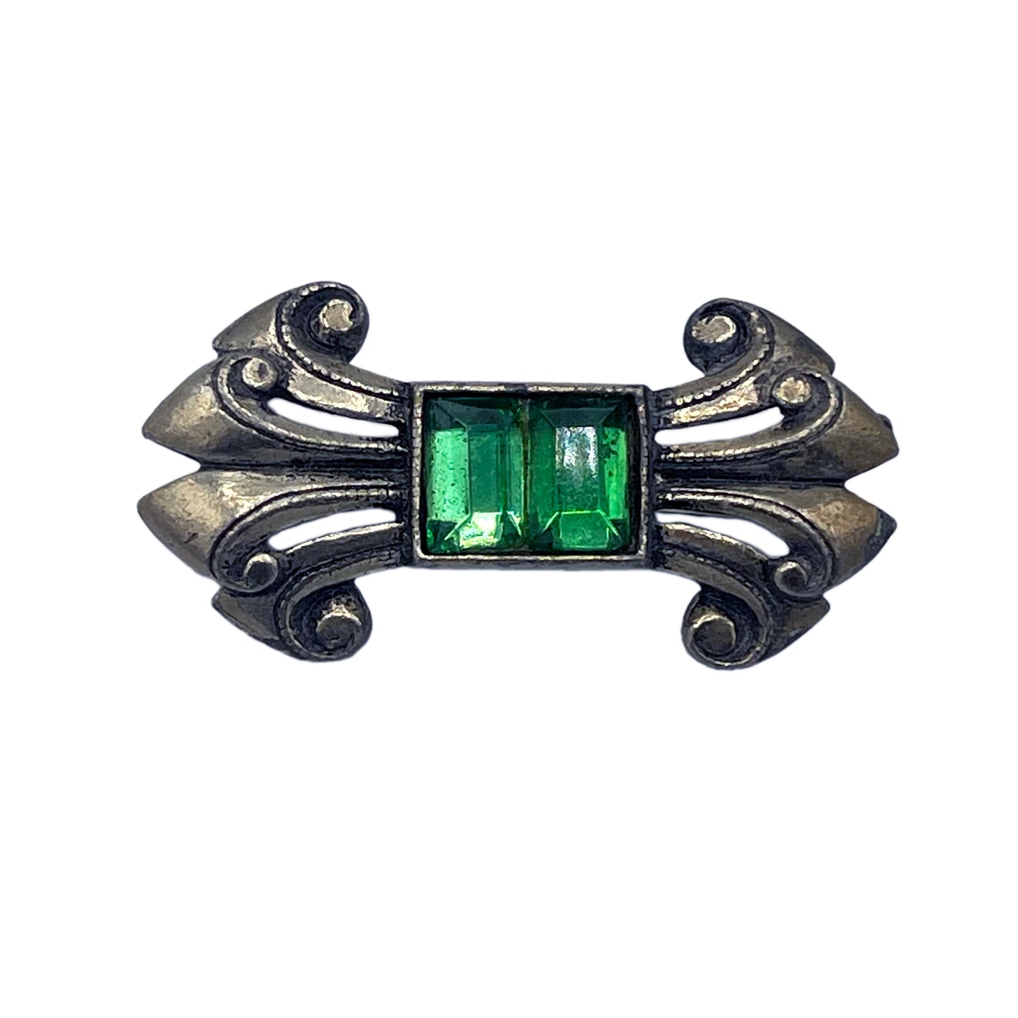Vintage Estate Pot Metal & Faceted Green Glass Bar brooch/Pin