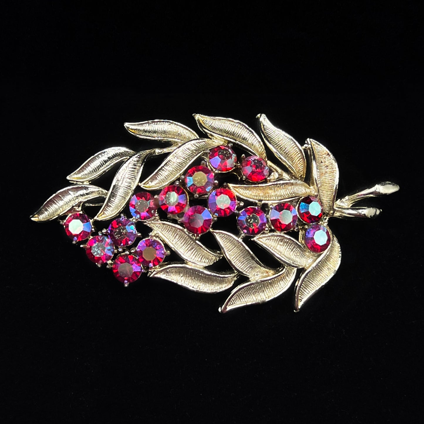 Rare Signed Coro Red Crystal Aurora Borealis Leaf Brooch