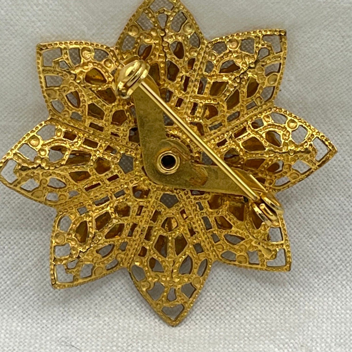 Gold Tone Filigree Flower with Enamel Leaves Brooch
