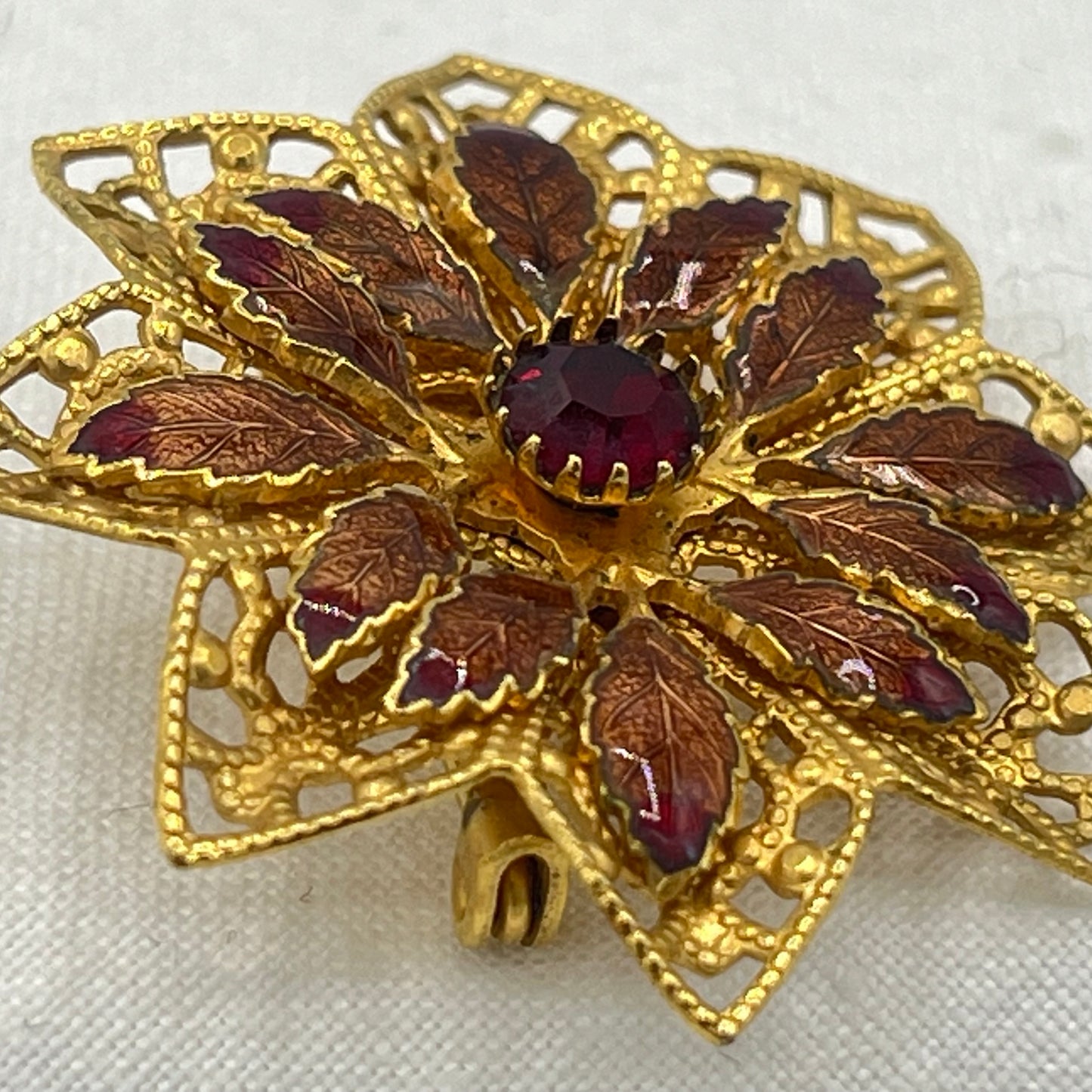 Gold Tone Filigree Flower with Enamel Leaves Brooch