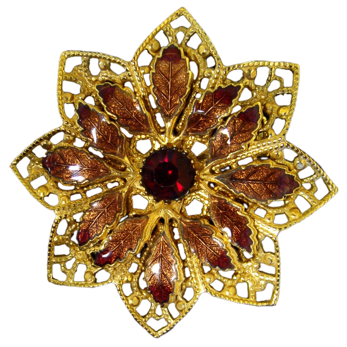 Gold Tone Filigree Flower with Enamel Leaves Brooch