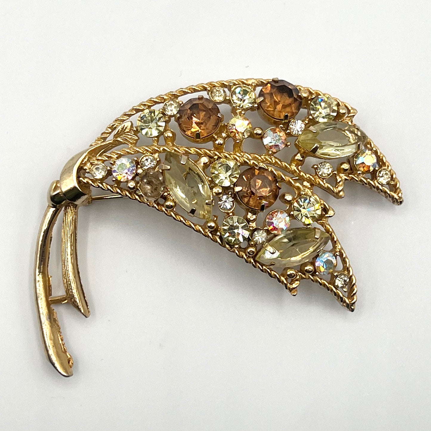 1960s Signed Emmons Multi Colored Rhinestone Leaf Brooch