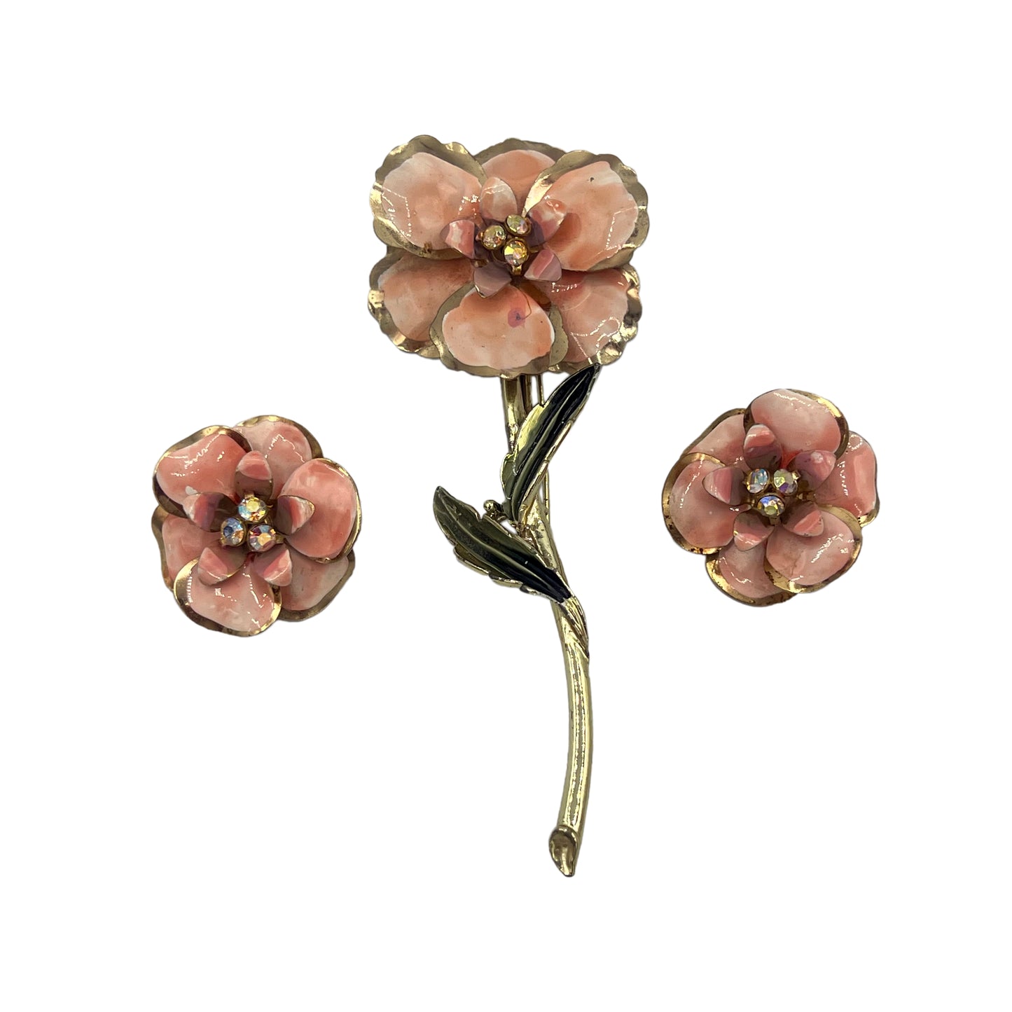 Pink Enamel & Rhinestone Flower Brooch with Matching Earrings