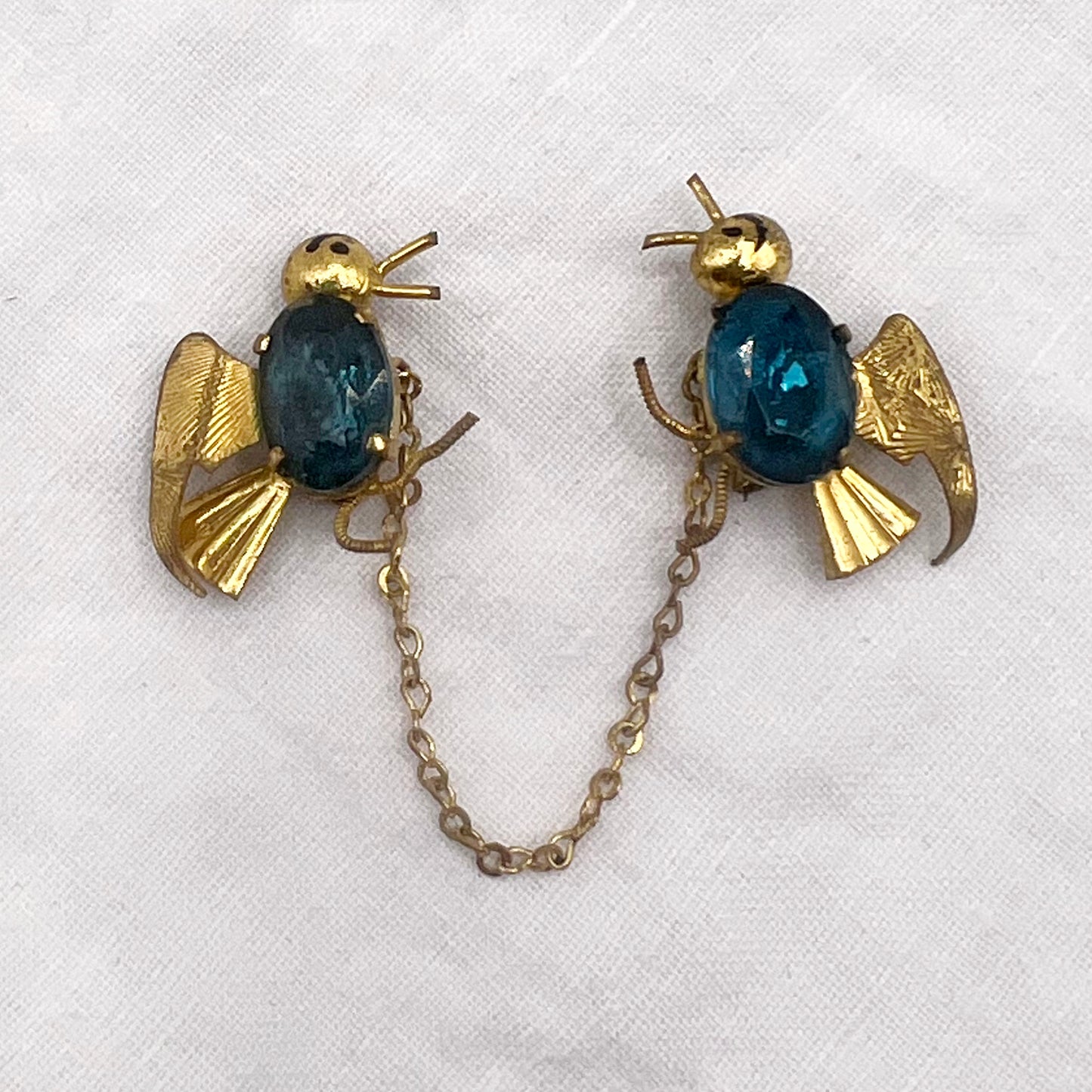 1940s Czech Signed Blue Crystal Love Birds Brooch