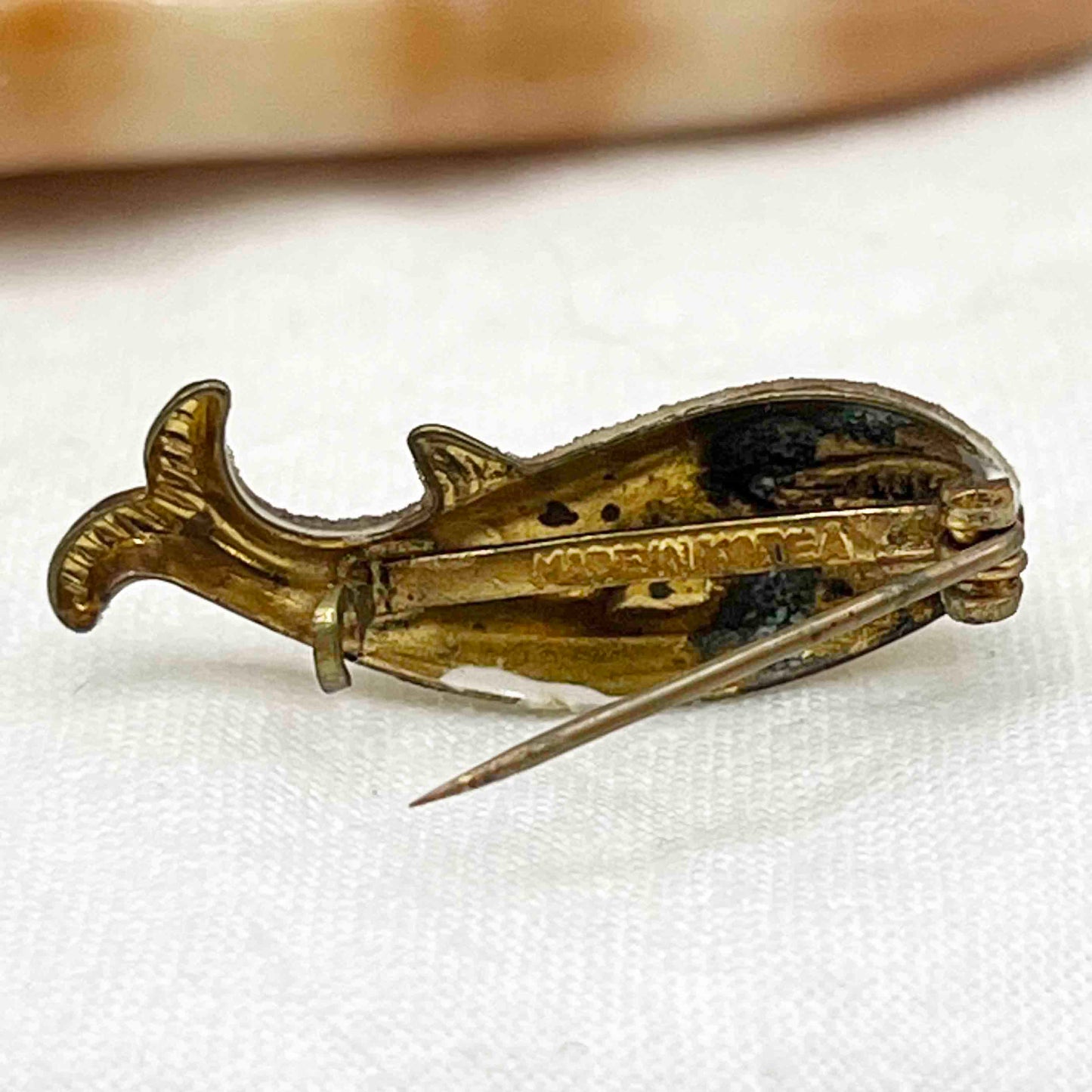 1940s Enamel Gold Tone Signed Korea Whale Brooch