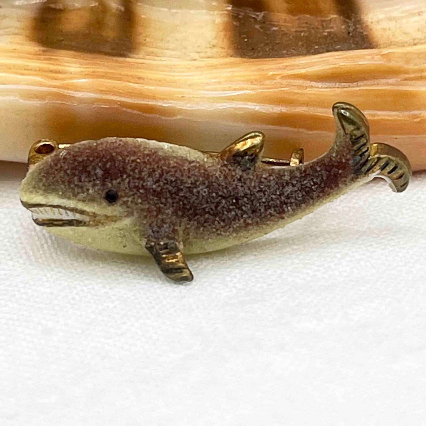 1940s Enamel Gold Tone Signed Korea Whale Brooch