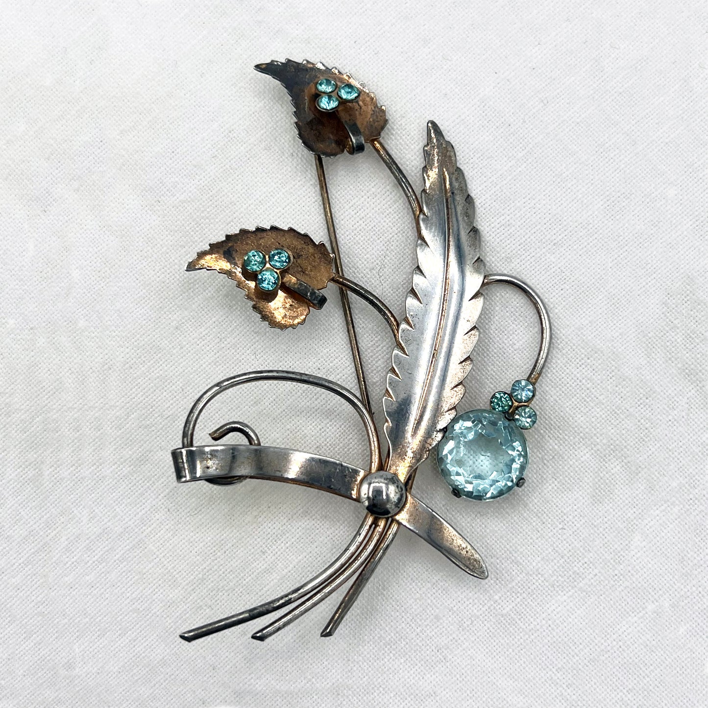 Art Deco Sterling Floral Spay Brooch with Aqua Blue Rhinestone Accents