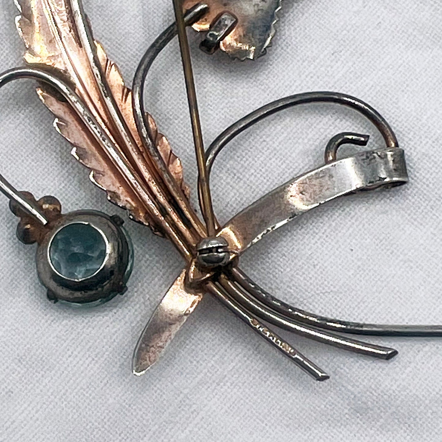 Art Deco Sterling Floral Spay Brooch with Aqua Blue Rhinestone Accents