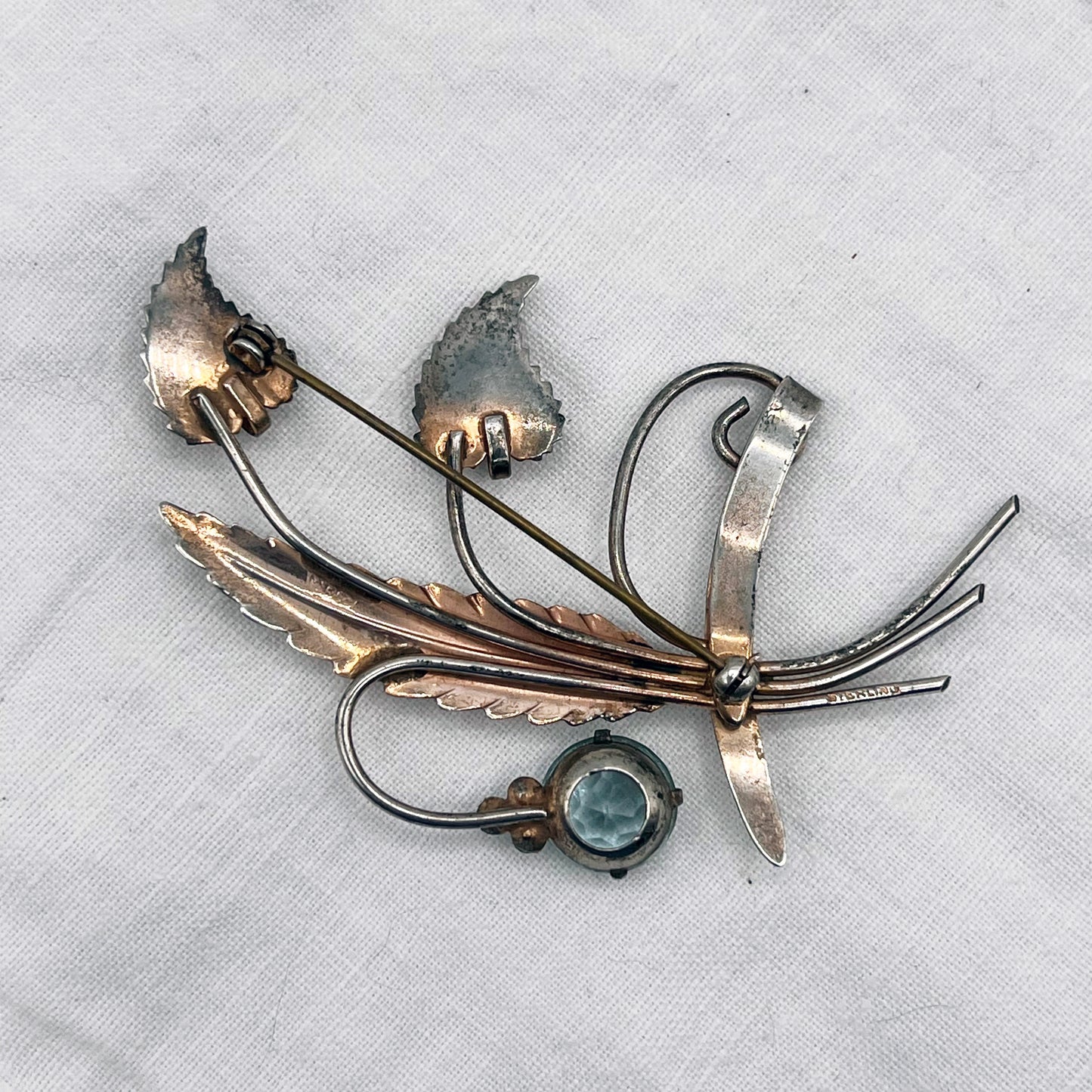 Art Deco Sterling Floral Spay Brooch with Aqua Blue Rhinestone Accents