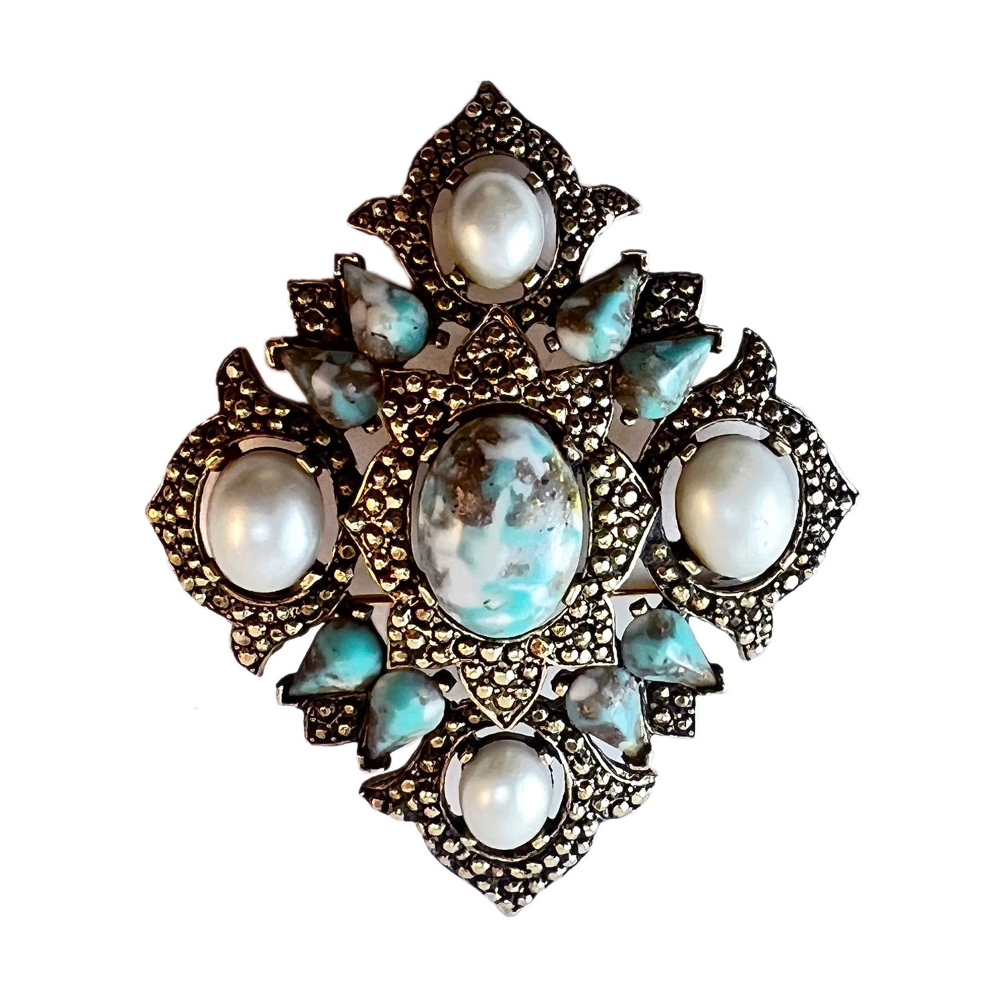 1968 Sarah Coventry Large Rememberance Faux Pearl Faux Turquoise Brooch/Pendant