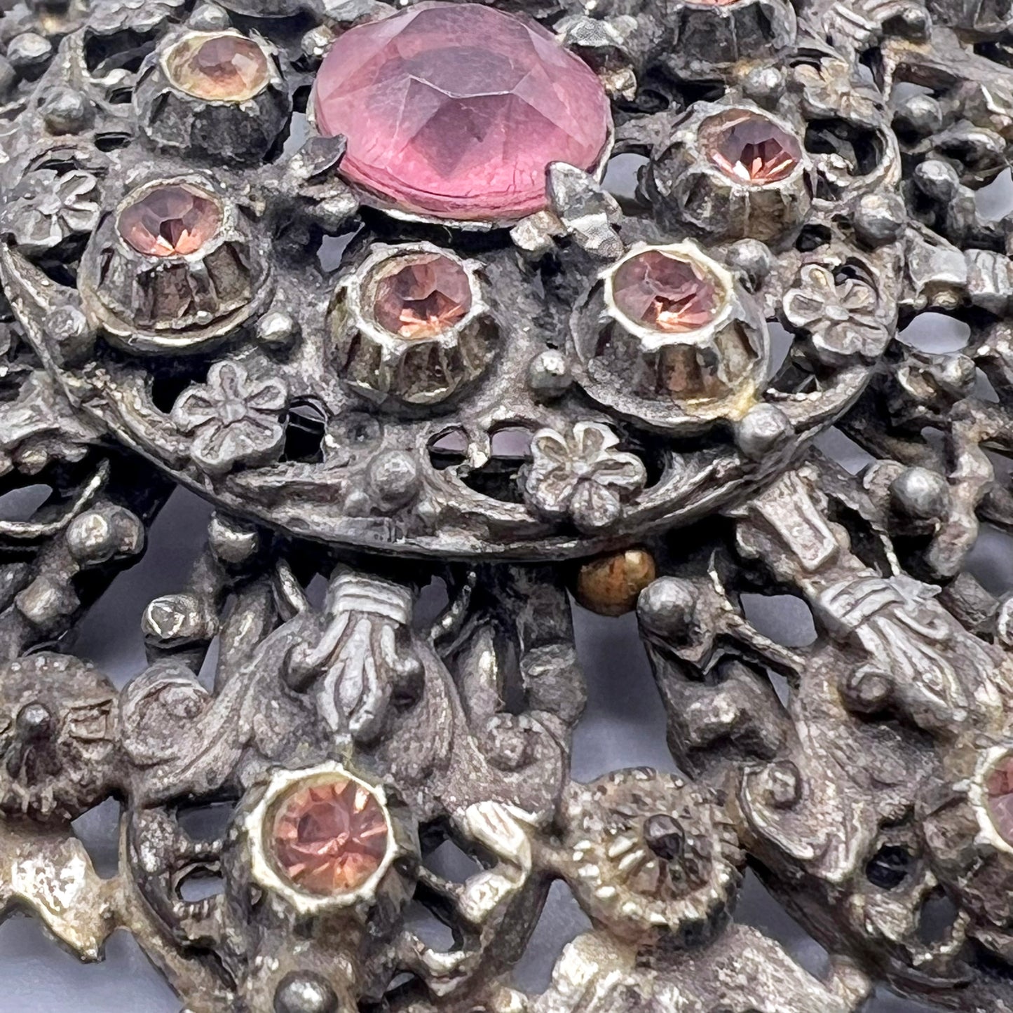 Unsigned Czech Round Metal Filigree with Pink Rhinestones Brooch