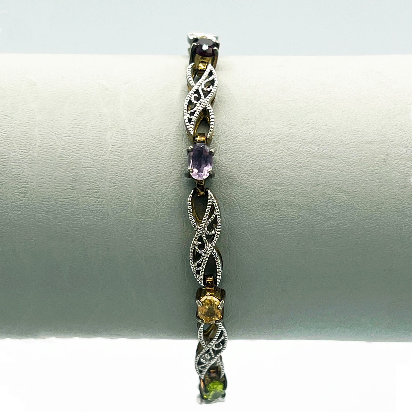 925 Sterling Silver Filigree Link Multicolored Stone Tennis Bracelet