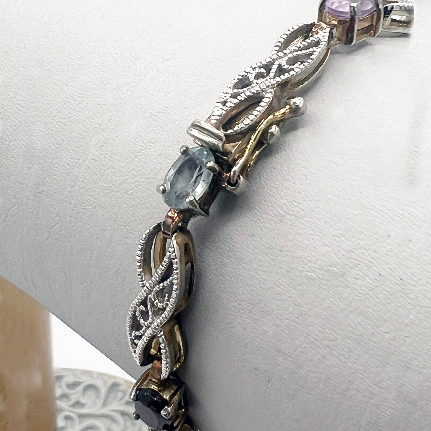 925 Sterling Silver Filigree Link Multicolored Stone Tennis Bracelet