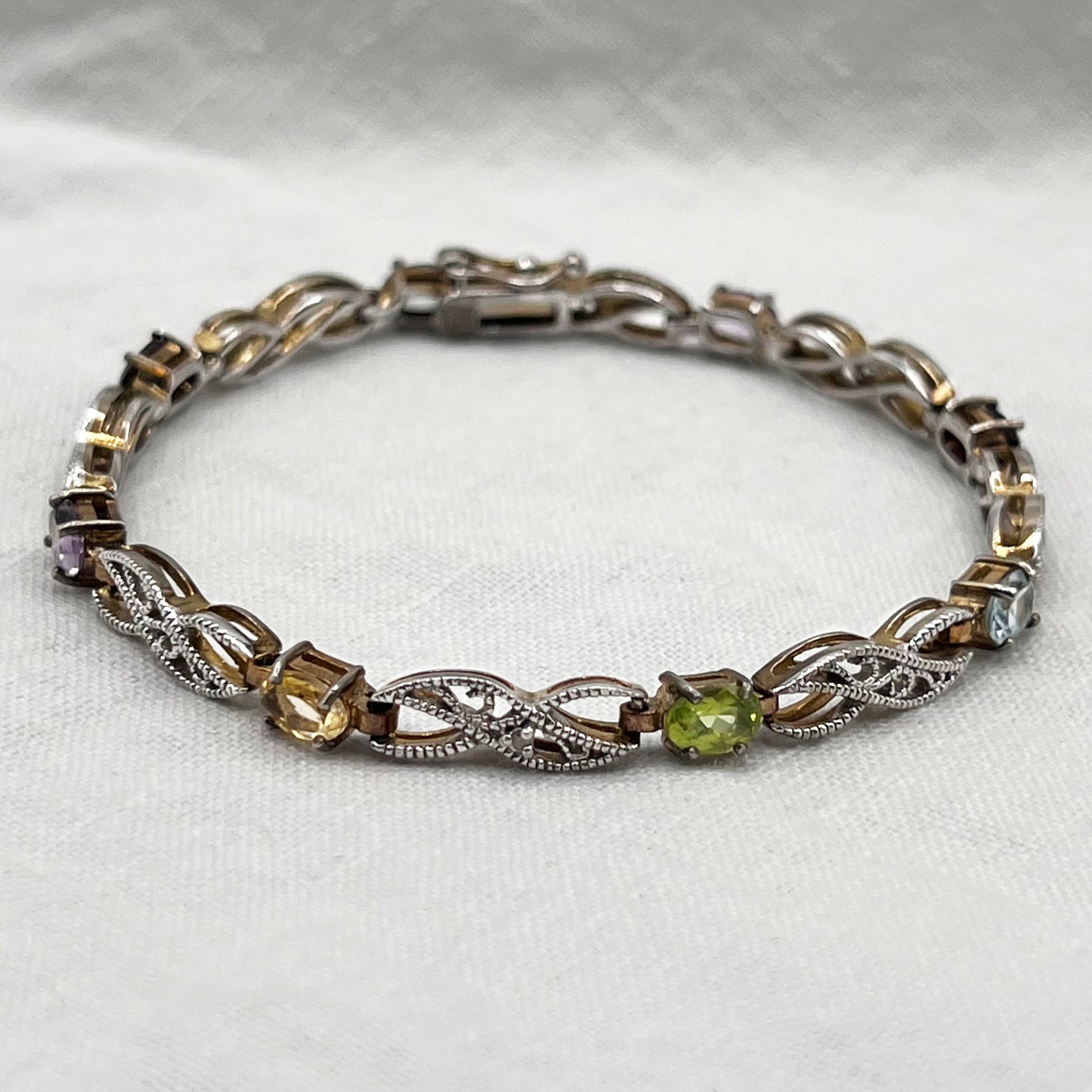 925 Sterling Silver Filigree Link Multicolored Stone Tennis Bracelet