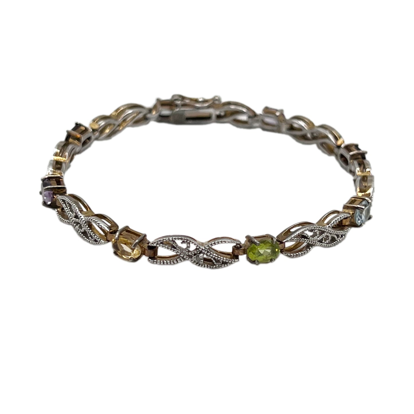 925 Sterling Silver Filigree Link Multicolored Stone Tennis Bracelet