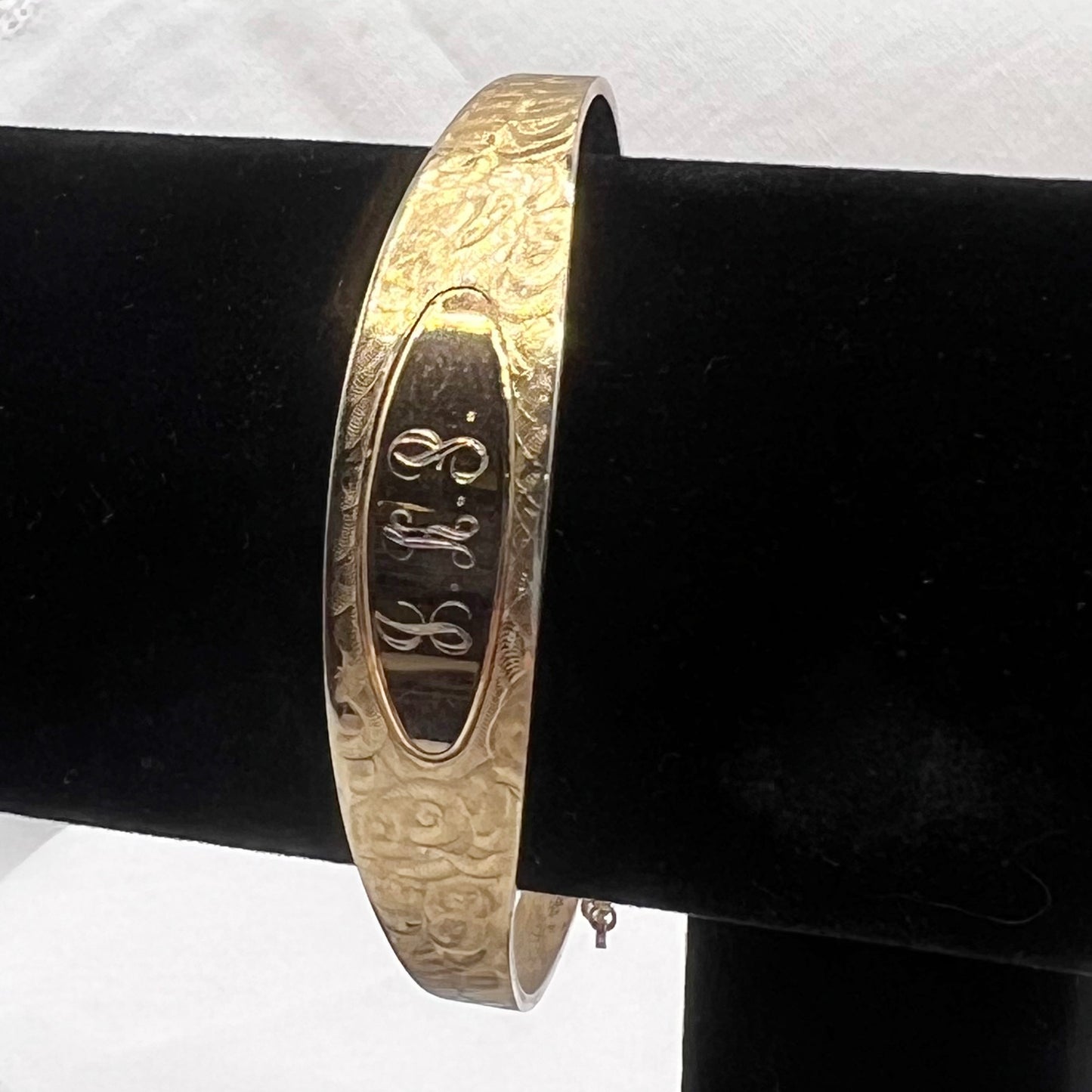 Vintage Monogrammed Gold Tone Cuff Bracelet With Tassel Dangle
