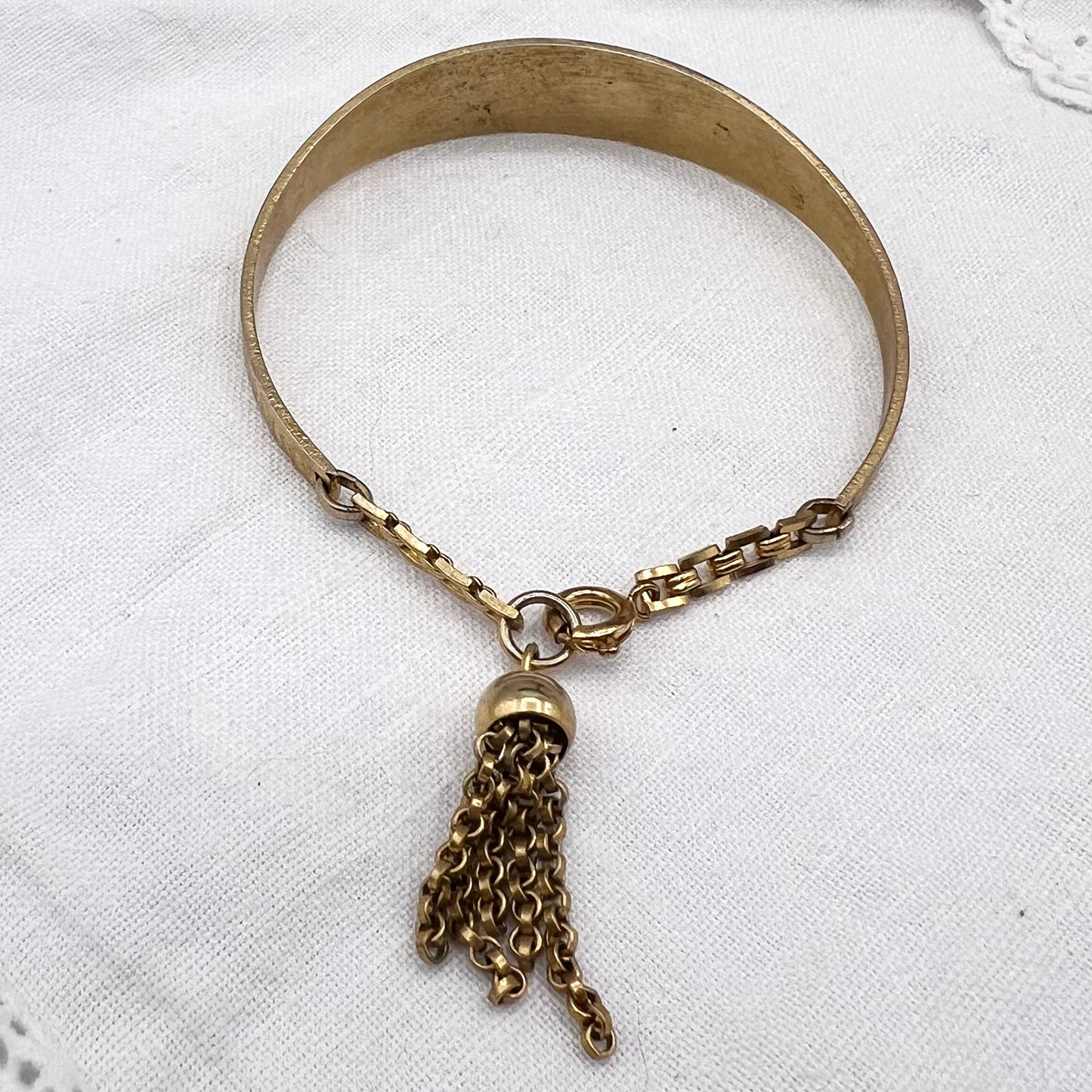 Vintage Monogrammed Gold Tone Cuff Bracelet With Tassel Dangle