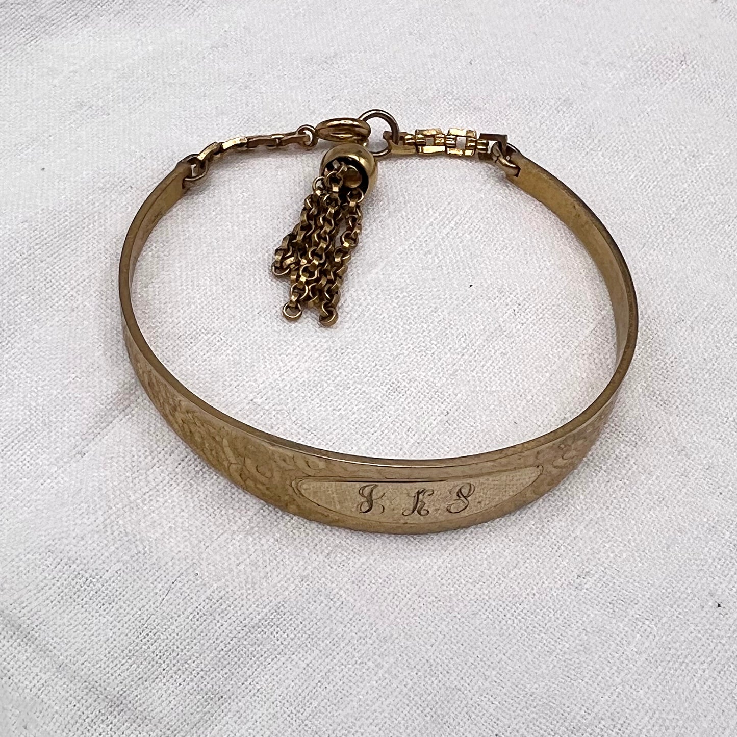 Vintage Monogrammed Gold Tone Cuff Bracelet With Tassel Dangle