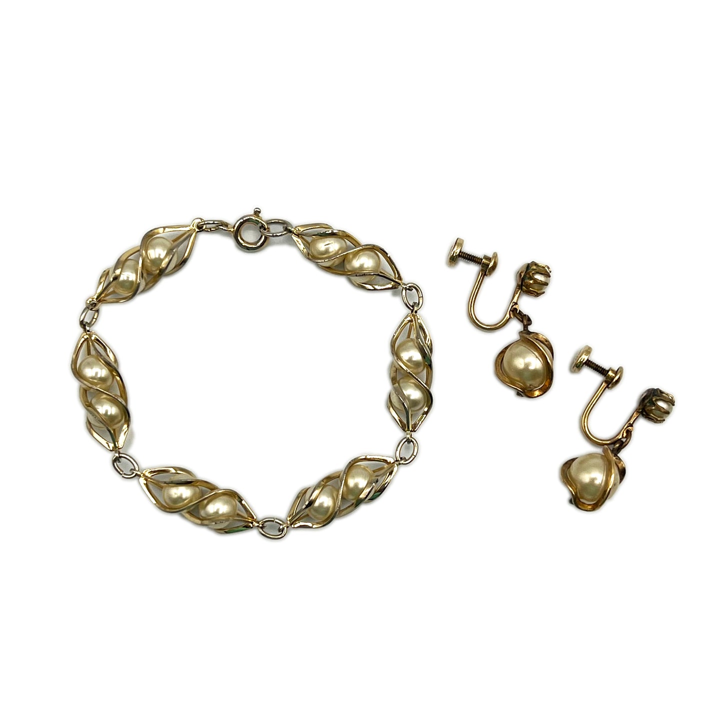 Vintage 1950s Caged Faux Pearl Bracelet and Dangle 1/20-12K GF Screw-back Earrings