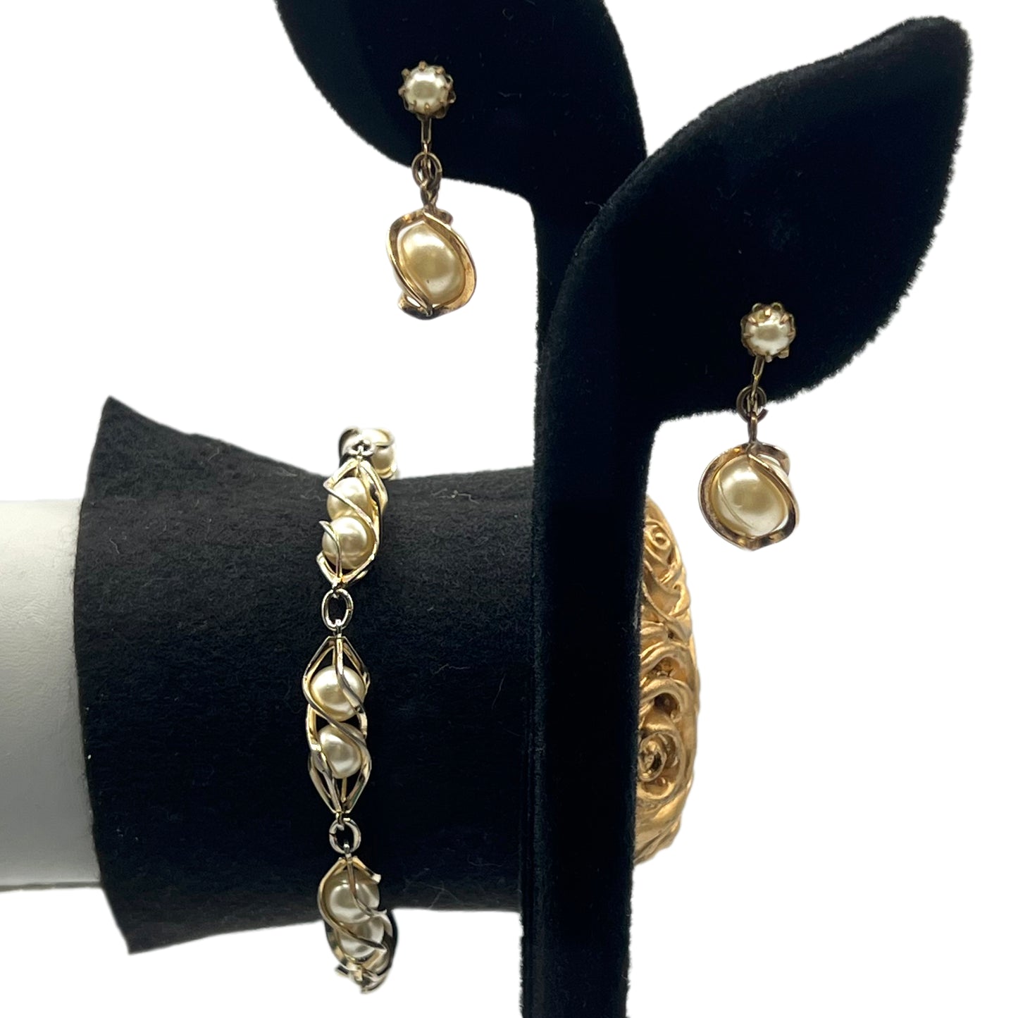 Vintage 1950s Caged Faux Pearl Bracelet and Dangle 1/20-12K GF Screw-back Earrings
