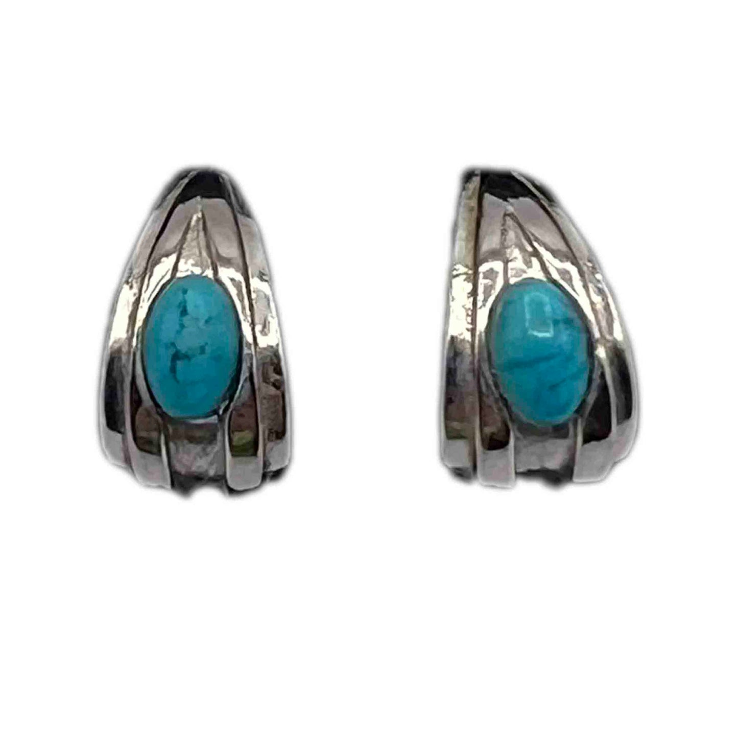 Vintage 1980s Silver and Turquoise Pierced Half Hoop Earrings