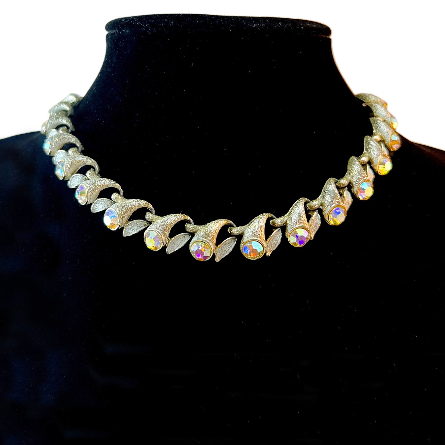 1960s Aurora Borealis Rhinestones Brushed Gold Tone Choker Necklace
