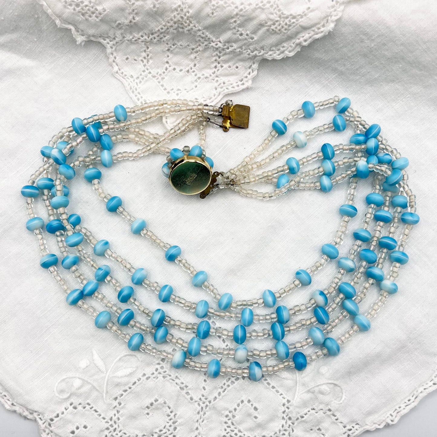 West Germany 5 Strand Robins Egg Blue and Clear Beaded Necklace