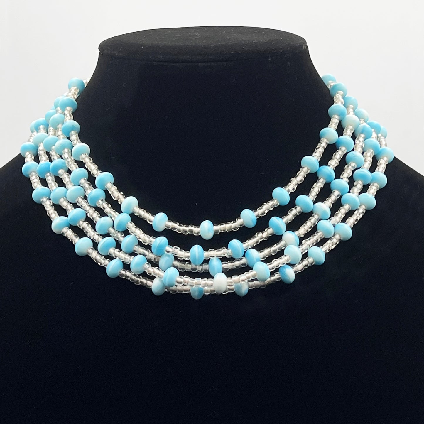 West Germany 5 Strand Robins Egg Blue and Clear Beaded Necklace