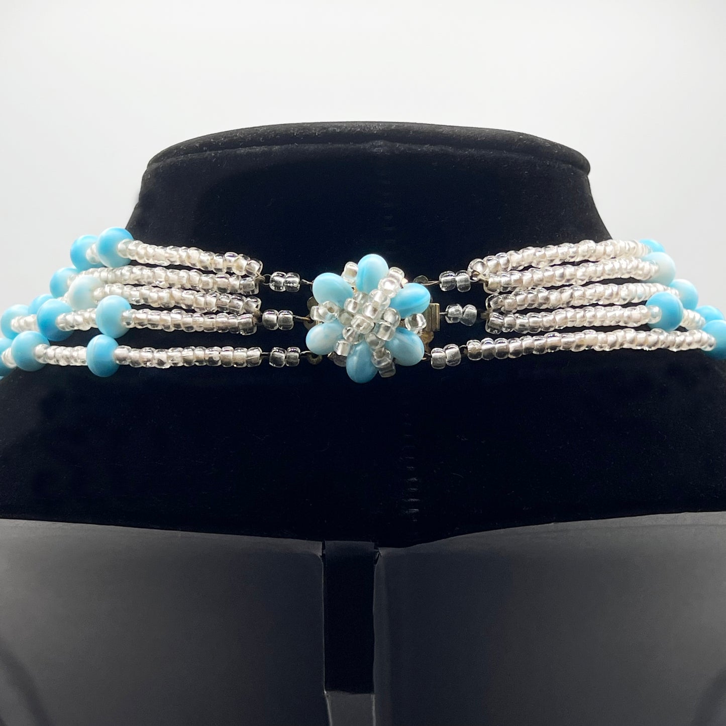 West Germany 5 Strand Robins Egg Blue and Clear Beaded Necklace