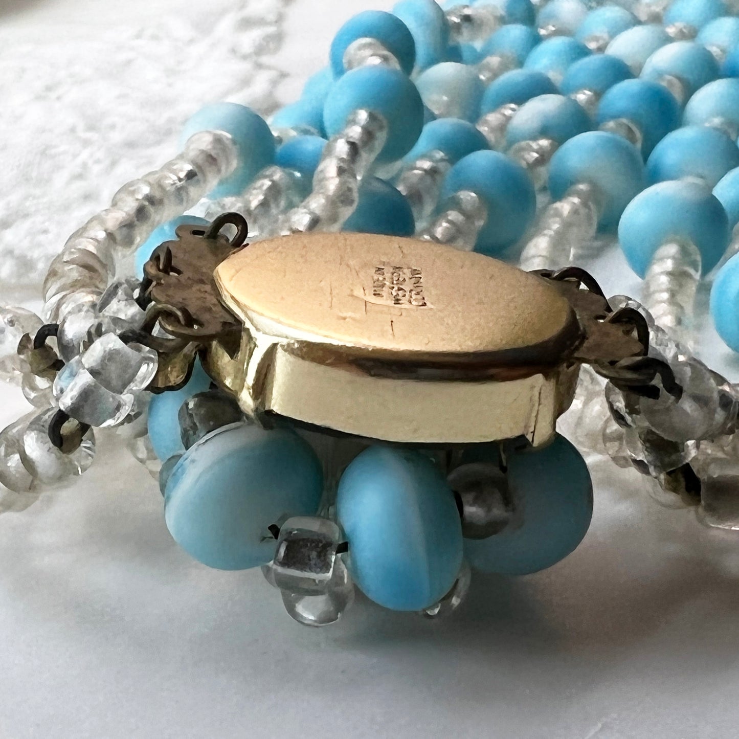 West Germany 5 Strand Robins Egg Blue and Clear Beaded Necklace