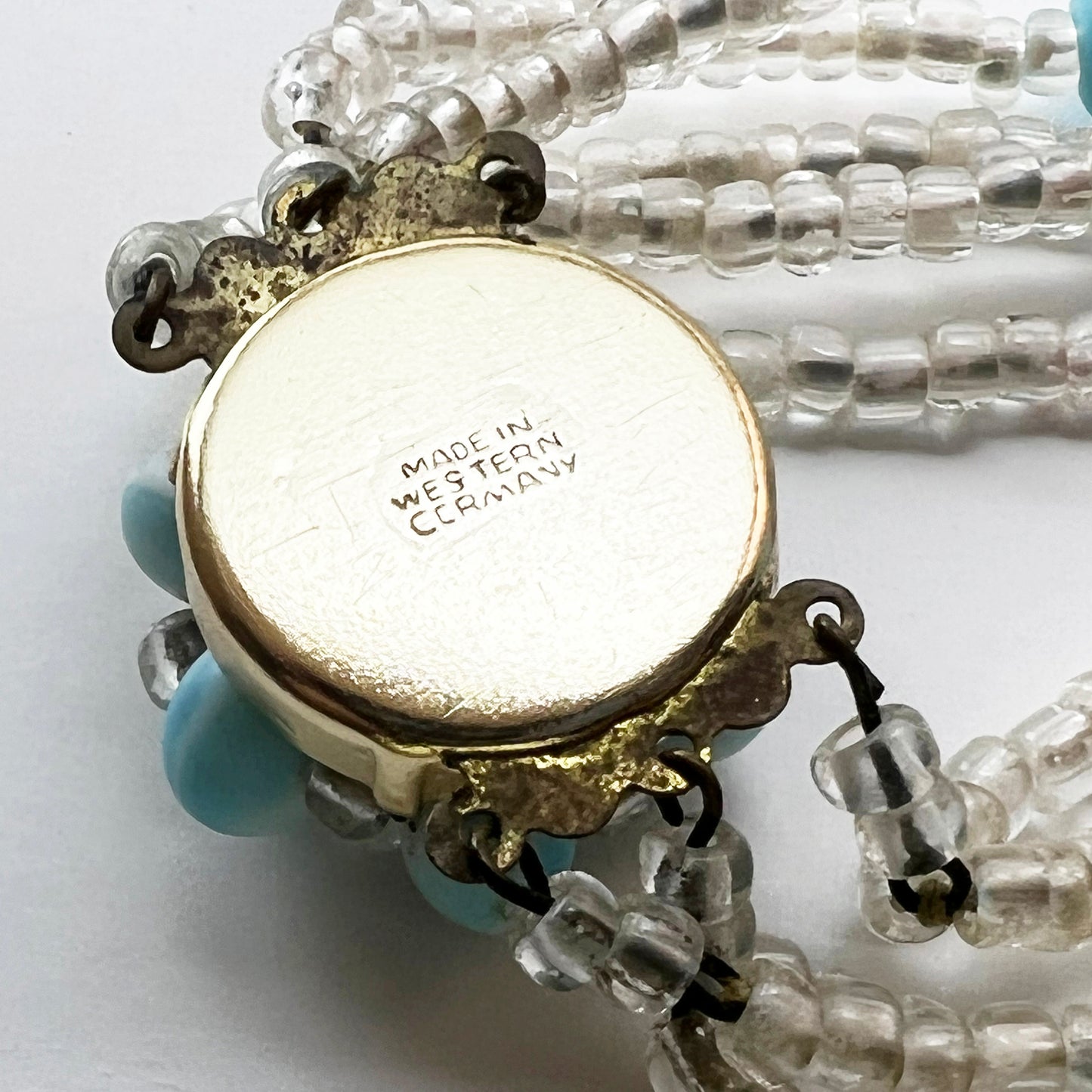 West Germany 5 Strand Robins Egg Blue and Clear Beaded Necklace