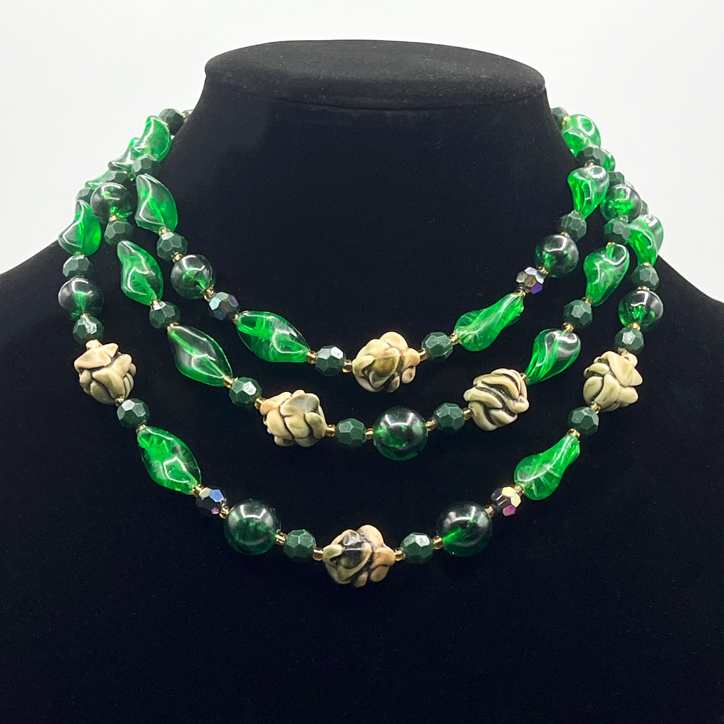 1950s Three Strand Molded Plastic Green Beaded Made in Austria Necklace