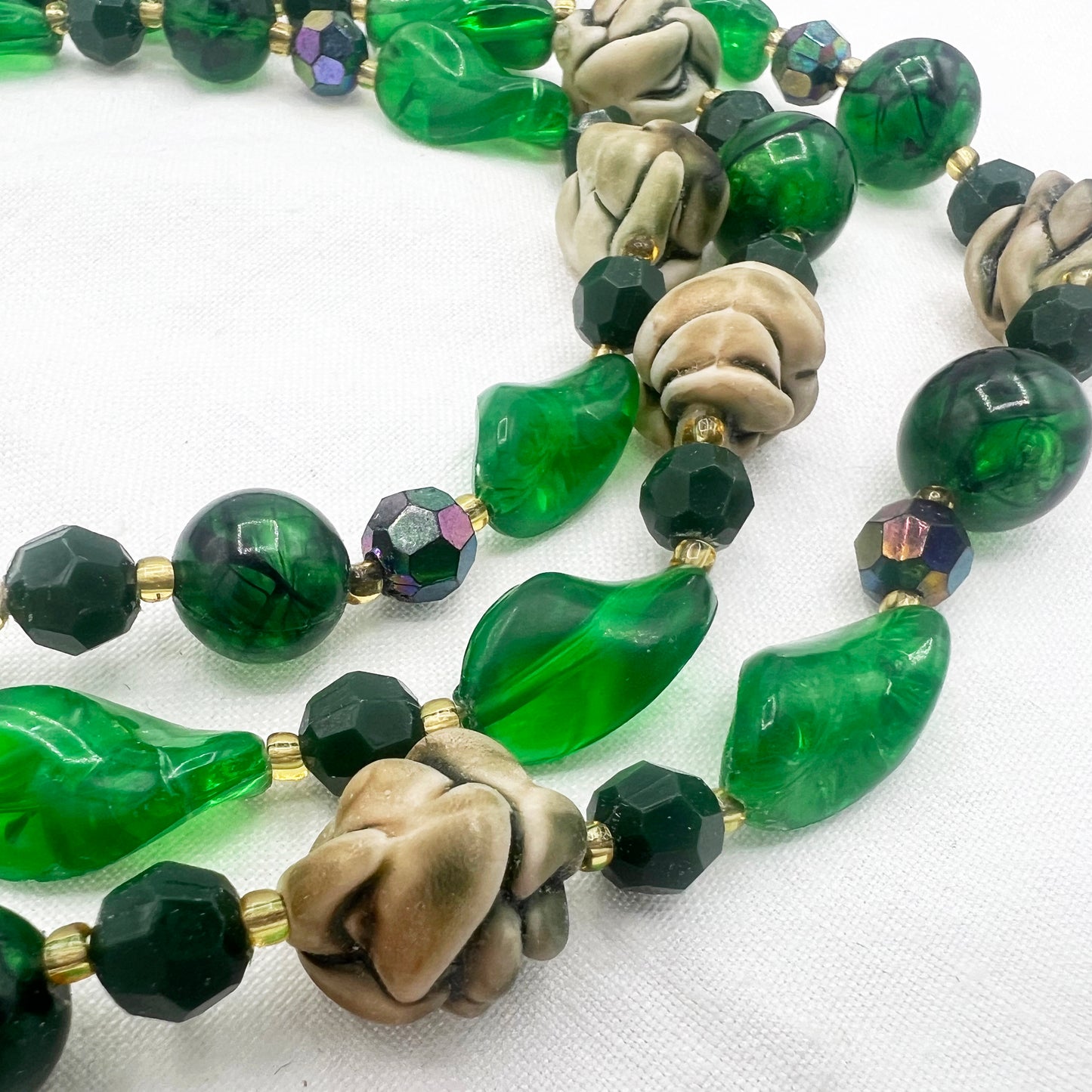 1950s Three Strand Molded Plastic Green Beaded Made in Austria Necklace
