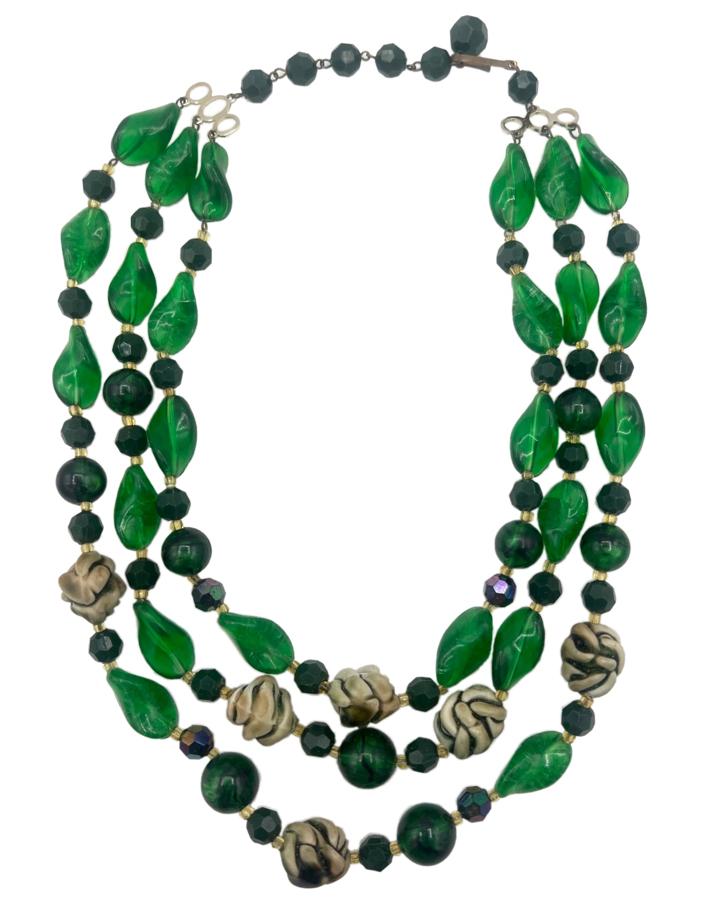 1950s Three Strand Molded Plastic Green Beaded Made in Austria Necklace