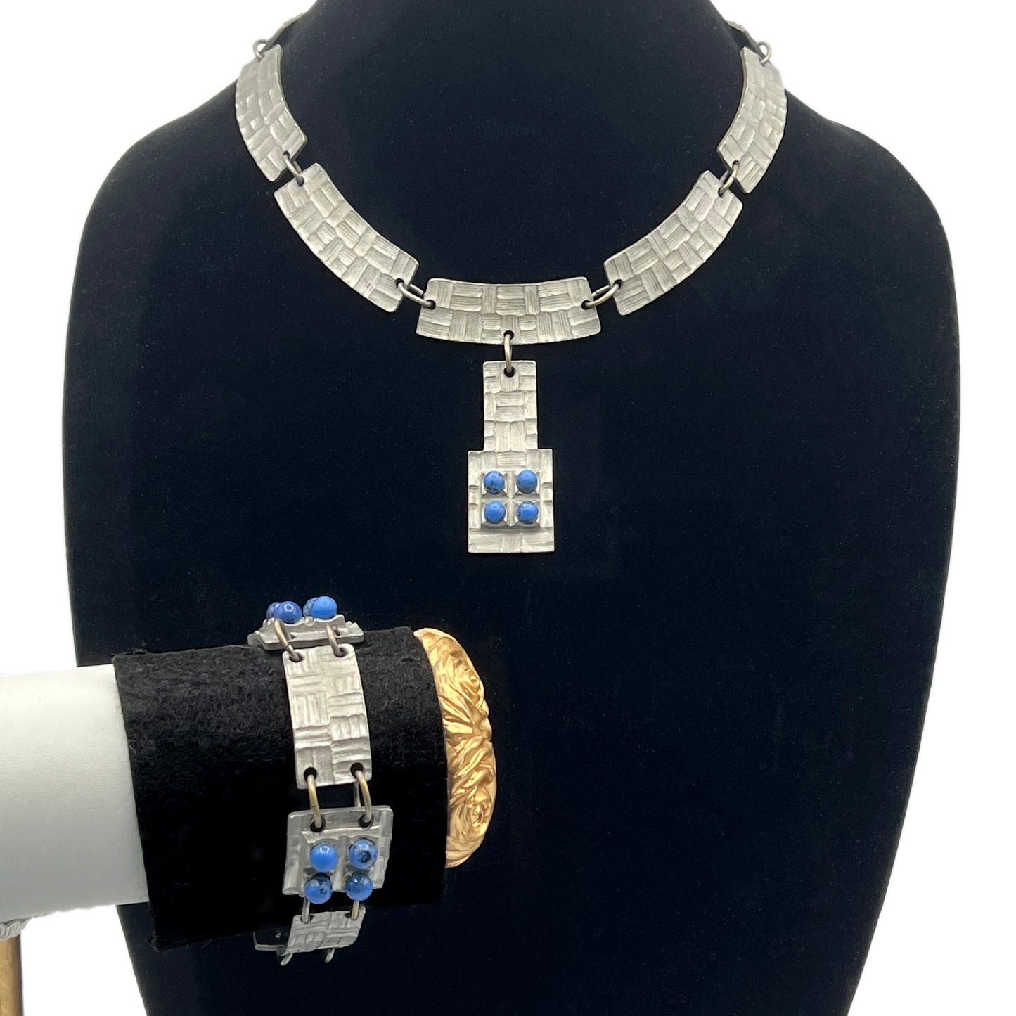 Vintage Iron Tone Metal and Blue Bead Statement Necklace with Matching Bracelet