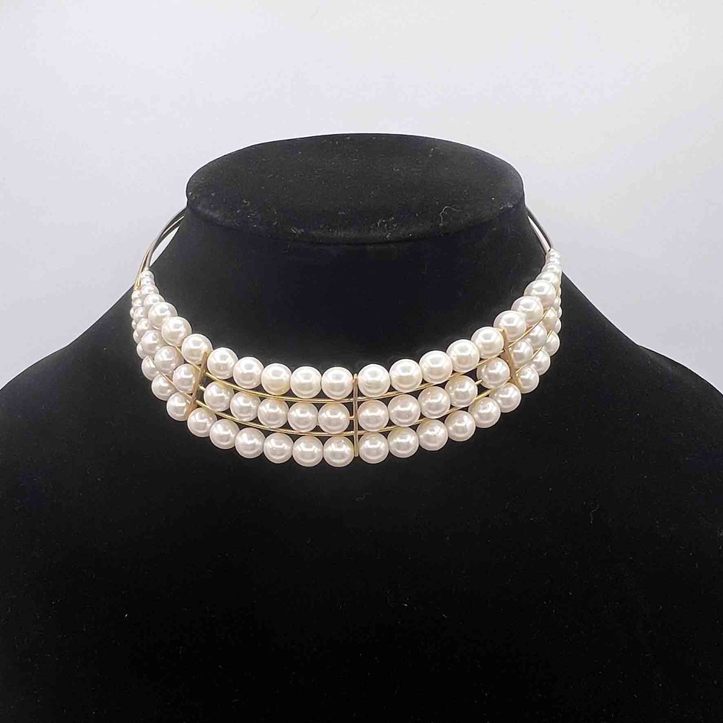 Three Rows White Beads on Gold Tone Wire Metal Adjustable Choker Necklace