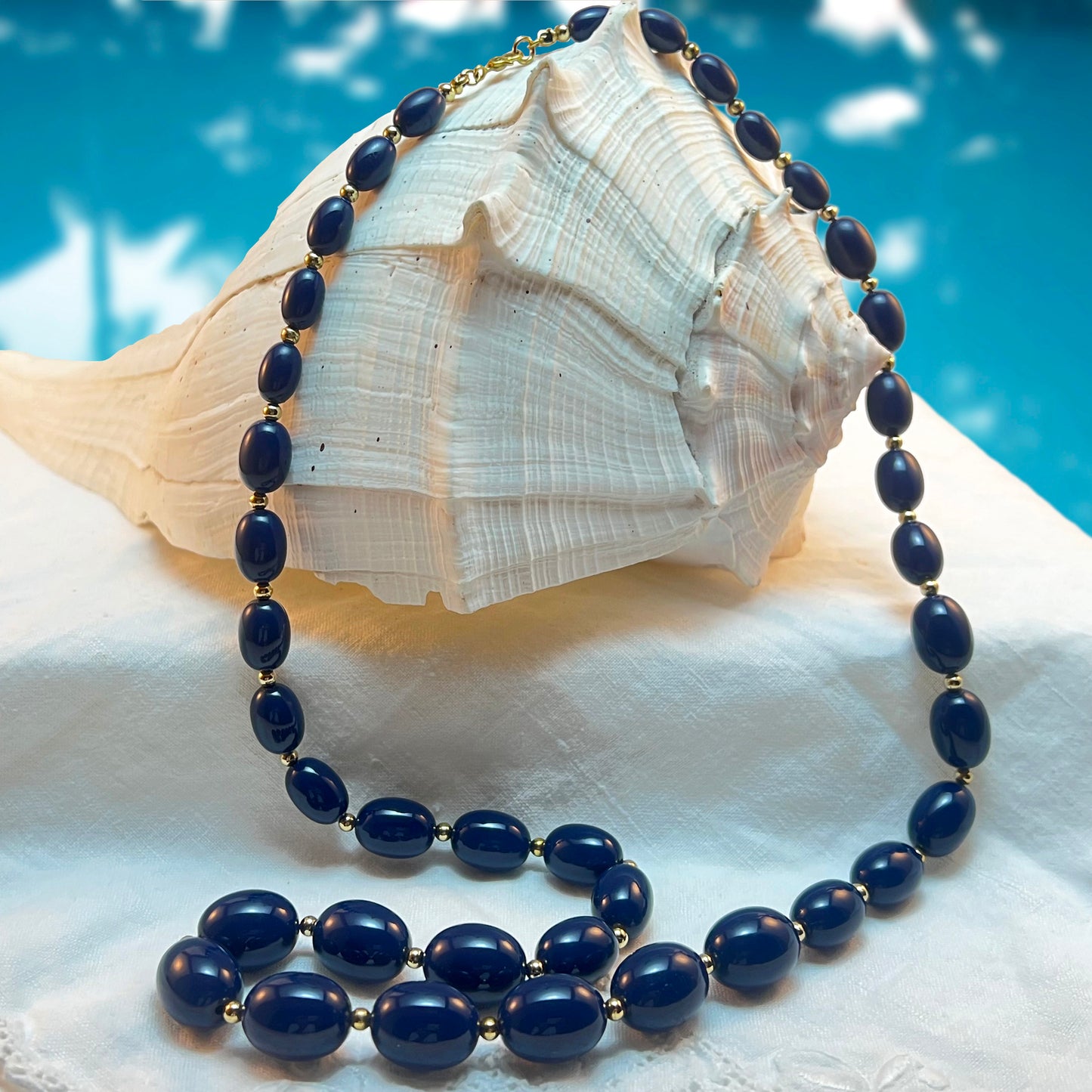1980s Monet Graduated Navy Blue Acrylic Oblong Beaded Necklace