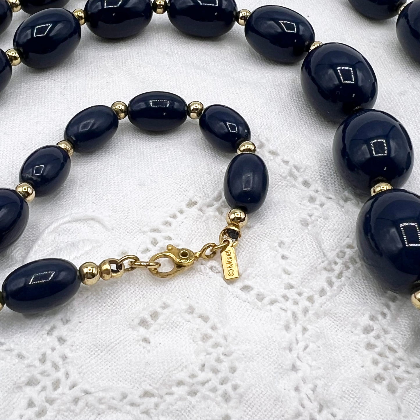 1980s Monet Graduated Navy Blue Acrylic Oblong Beaded Necklace