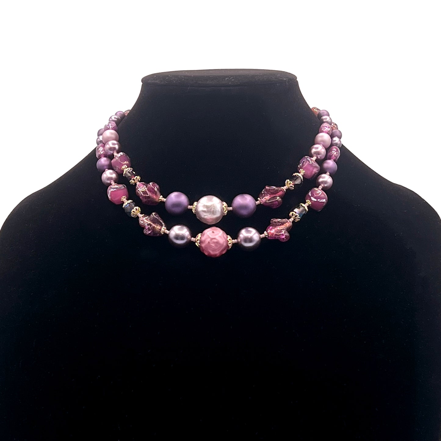 Vintage Japan Made Purple & Lavender 2 Strand Crystal Bead Necklace