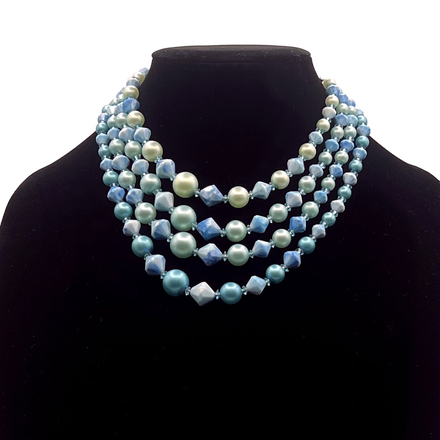 Vintage Hong Kong 4 Strand Light Blue Lucite Beaded Necklace
