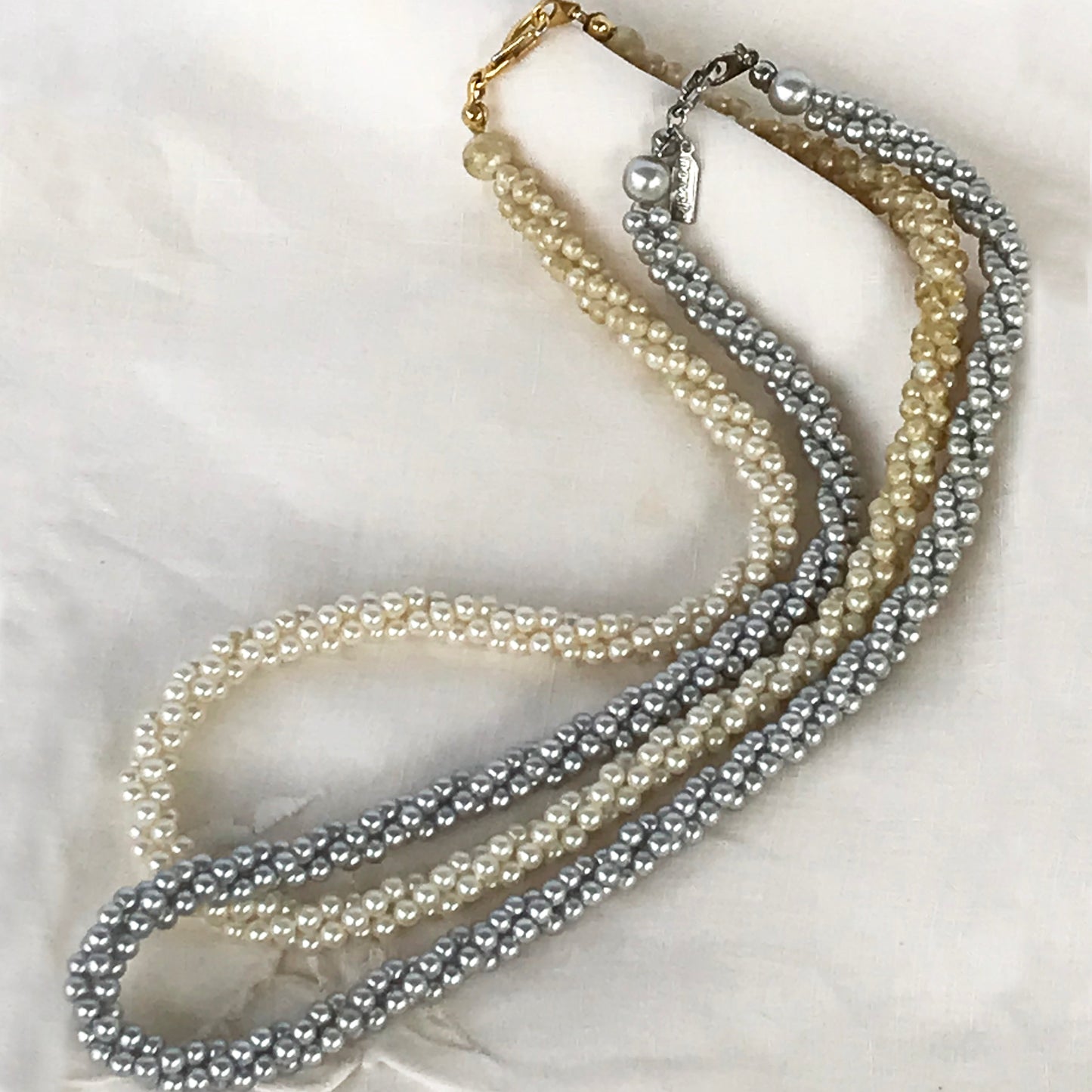 Two Vintage Marvella Twisted Triple Strand Faux Pearl Necklaces
