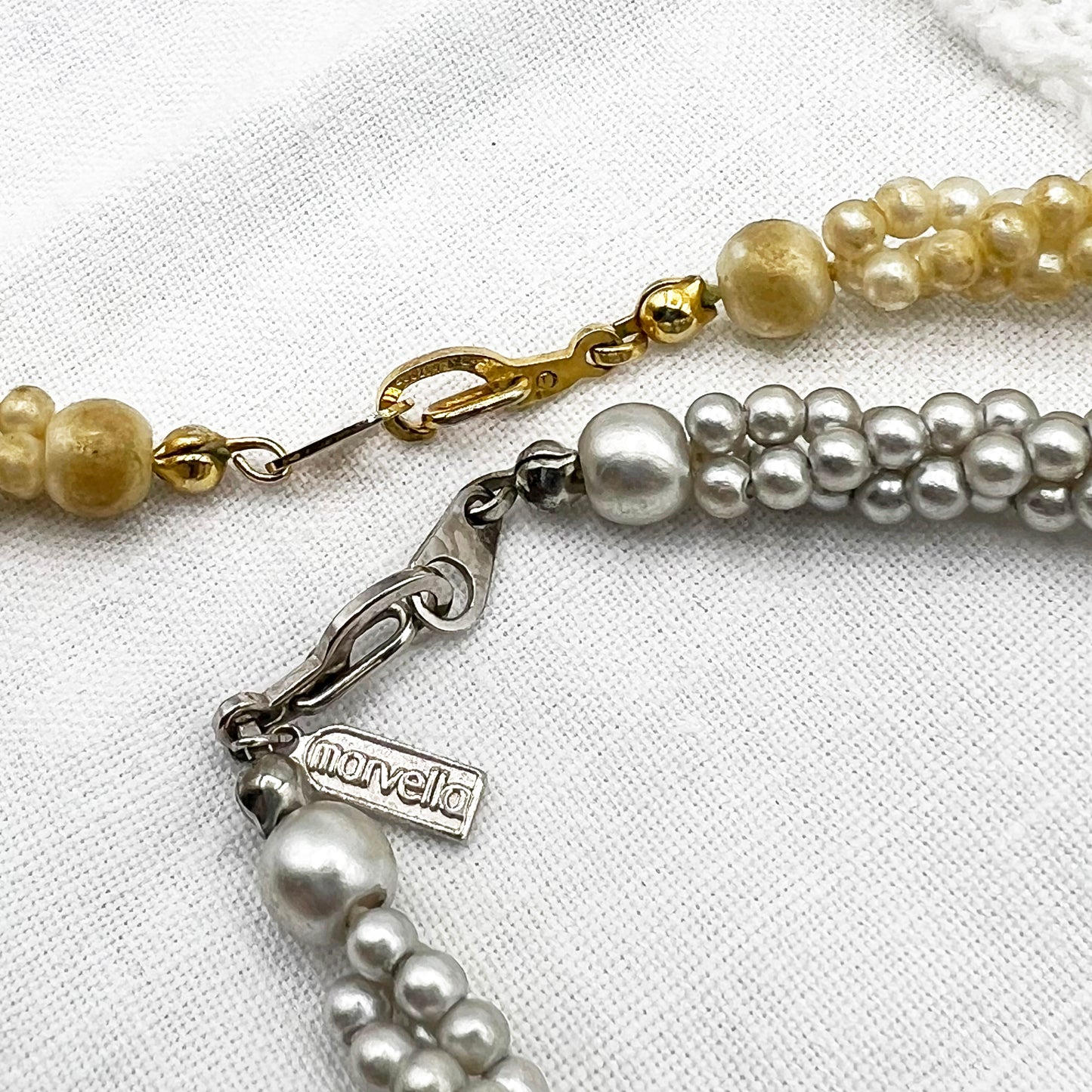 Two Vintage Marvella Twisted Triple Strand Faux Pearl Necklaces