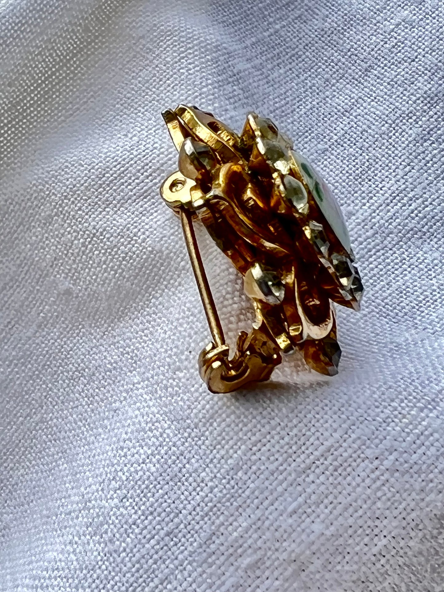 Vintage Karu signed handpainted porcelain rose and rhinestone brooch