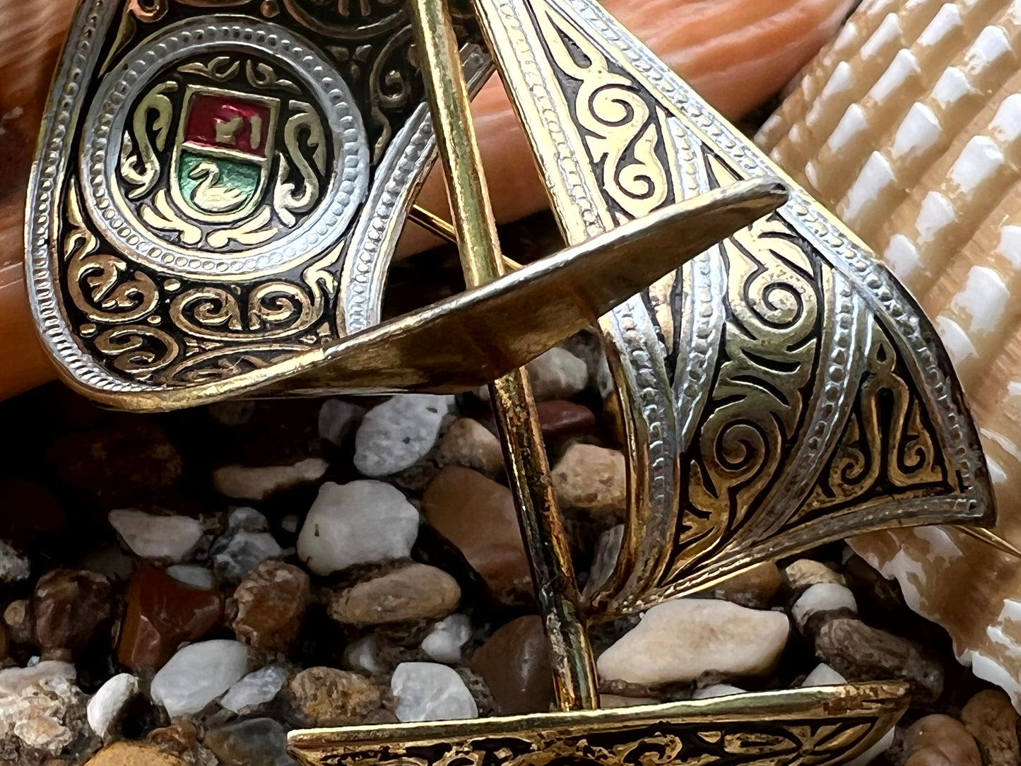 Vintage Spain Damascene Sailboat Brooch