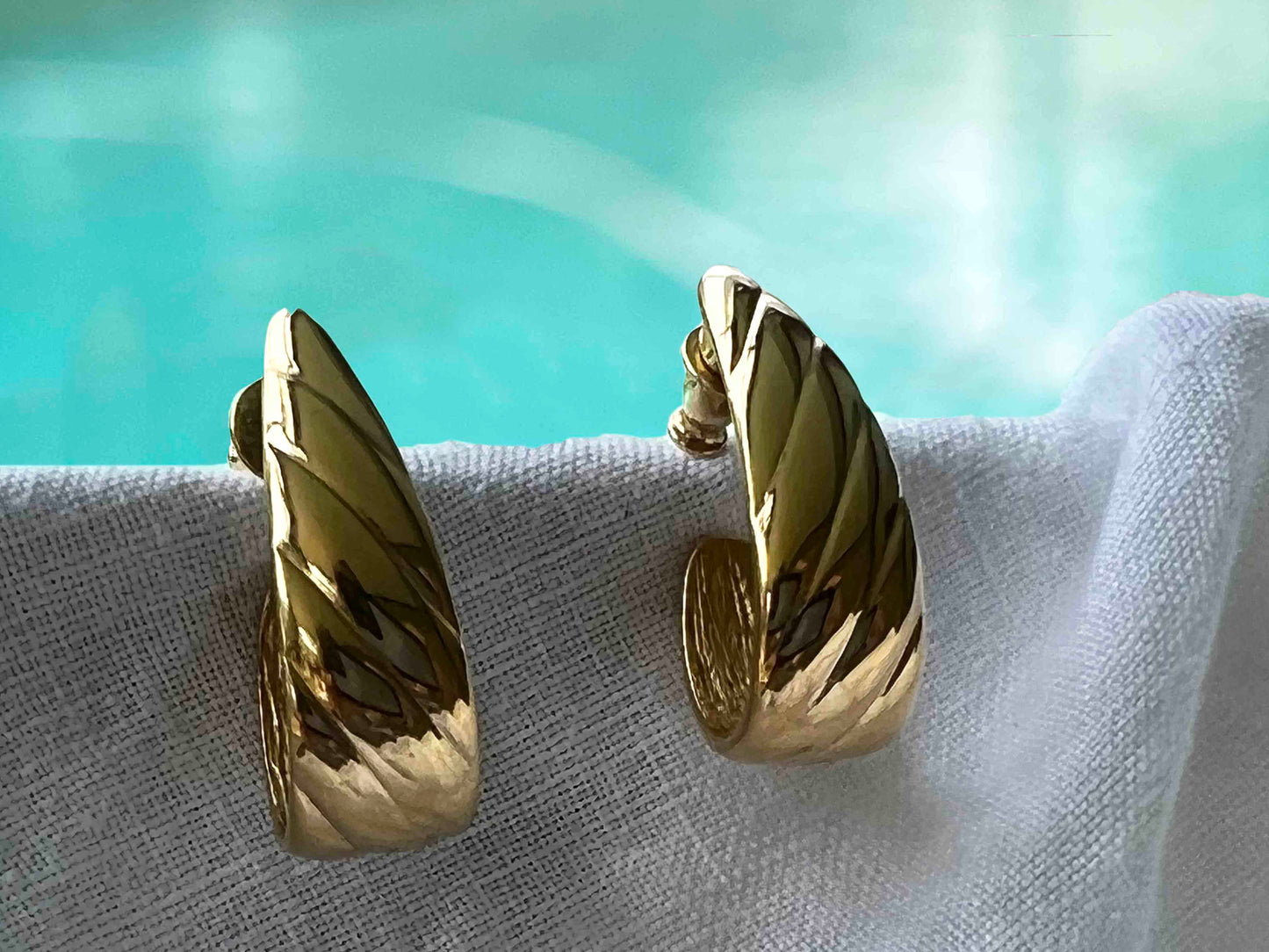 Vintage Monet Gold Tone Ribbed Half Hoop Earrings