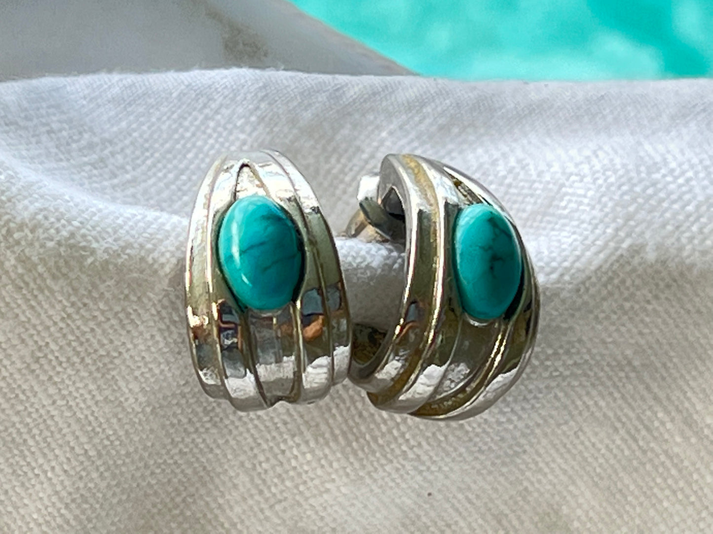 Vintage 1980s Silver and Turquoise Pierced Half Hoop Earrings