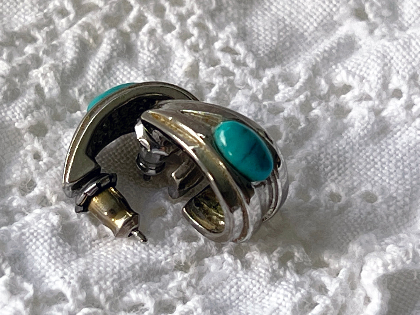 Vintage 1980s Silver and Turquoise Pierced Half Hoop Earrings