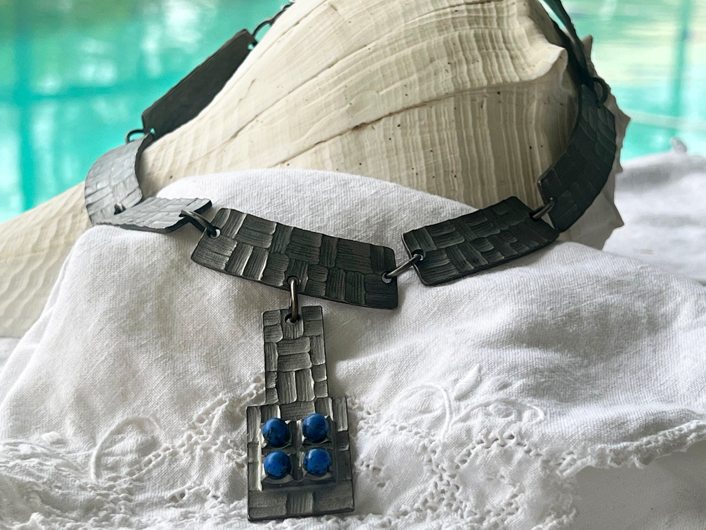 Vintage Iron Tone Metal and Blue Bead Statement Necklace with Matching Bracelet