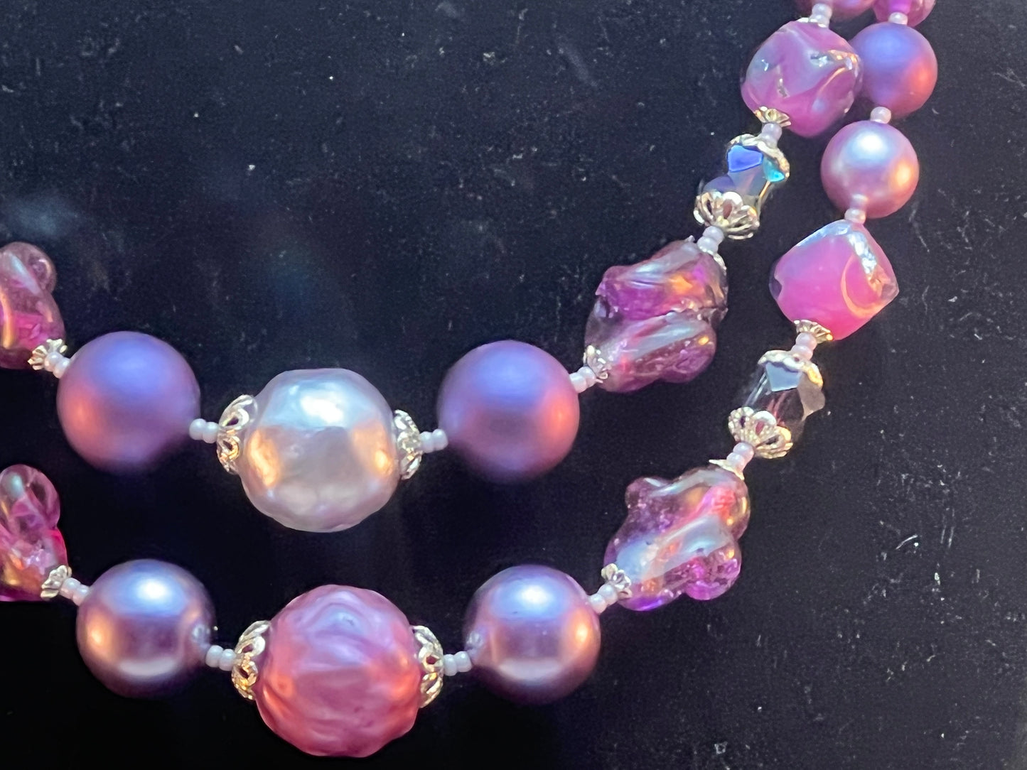 Vintage Japan Made Purple & Lavender 2 Strand Crystal Bead Necklace